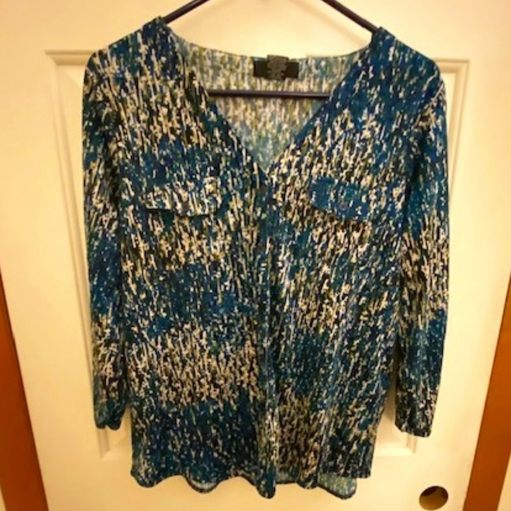 Verve Ami Blue, White, and Green 3/4 Sleeve Blouse